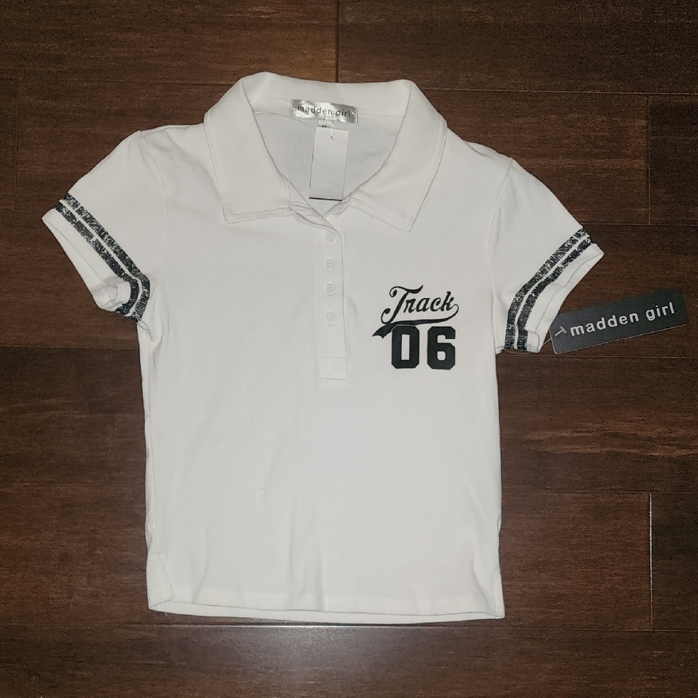 Madden Girl White Polo Shirt with Sporty Accents Juniors Medium M NWT